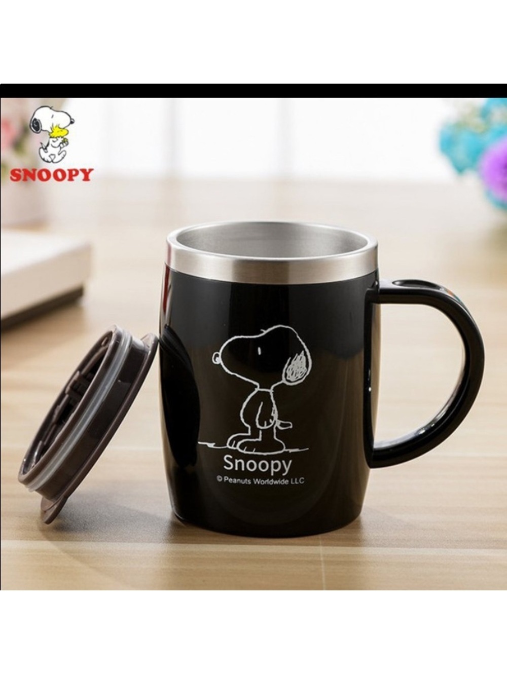 Snoopy Peanuts 304 Stainless Steel Coffee Mug 420ml Insulated Cup w/ Lid Black